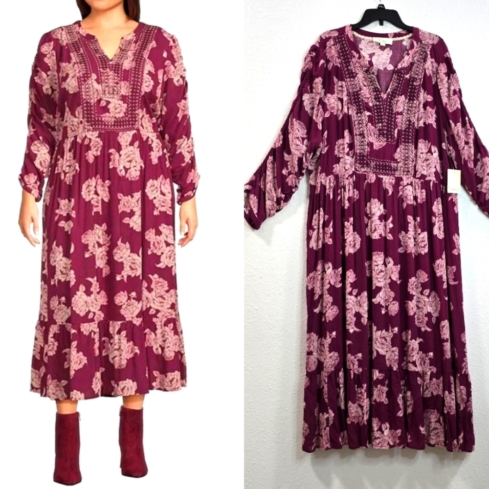 Nurture by Westbound Long Sleeve Floral Burgundy SunDress Bohemian Size XXL